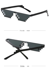 Front and side view of black pixelated Thug Life mosaic sunglasses with UV protection