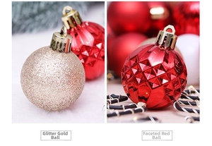 Detail showing glittery gold and red faceted diamond Christmas ball ornaments decoration