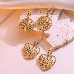Tree Of Life Drop Earrings Titanium Steel Gold Plated Colorful Zircon Hollow Geometric Minimalist For Women