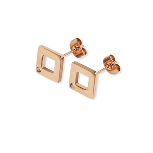 Macro shot of rose gold square geometric earrings with minimalist hollow design