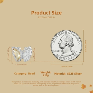Size chart for S925 sterling silver butterfly bead next to a US quarter coin for scale