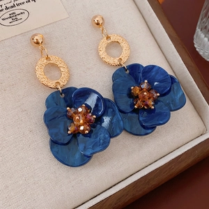Vintage Flower Drop Earrings With Resin Acetate Fabric And Silver Earring Post Retro Gold Texture For Women Fashion Jewelry