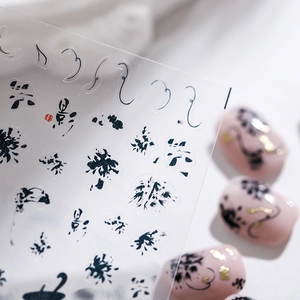 Chinese ink style 5D nail art stickers with black calligraphy and red seal accents