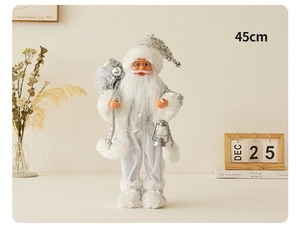 Detail of 45cm silver sequin Santa Claus figurine with lantern in a cozy home setting