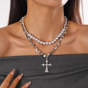 Double Layered Necklace With Glass Artificial Pearl Alloy Chain Rhinestone Cross Pendant Heart Sequins Y2K Punk Jewelry Women