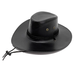 Classic black faux leather western cowboy hat with wide brim and adjustable chin strap
