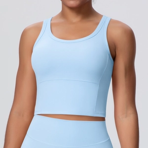 Detail des hellblauen Yoga-Crop-Tops mit Polstern, Stretch-Stoff und Rundhalsausschnitt