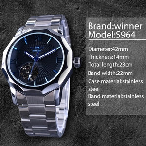 Winner S964 men's automatic mechanical skeleton watch in silver stainless steel finish