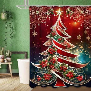 Close-up of a 3D digital print Christmas shower curtain with artistic tree and floral patterns