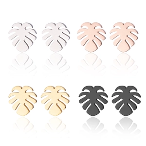 Hollow monstera leaf stud earrings in silver, rose gold, gold, and black steel finishes