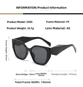 Detailed size chart for black cat eye sunglasses model 5505 with weight and dimensions