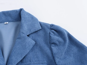 Detail of blue corduroy dress with blazer collar and pleated puff sleeve shoulders