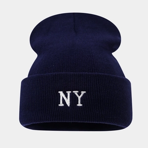Dark blue ribbed knit beanie with white NY letter embroidery for autumn and winter outdoor warmth