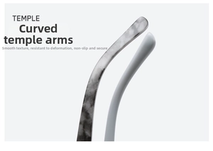 Detail of ergonomic curved temples for rimless sunglasses with marble and white textures