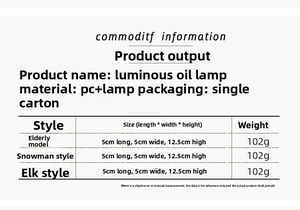 Size guide for luminous Christmas oil lamps featuring Santa, Snowman and Elk designs