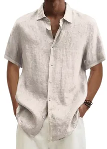 Men's casual V-neck short sleeve linen shirt in light beige with button detail
