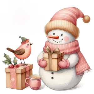 Stickers muraux sapin de Noël rose et bonhomme de neige aquarelle pour décoration de fête