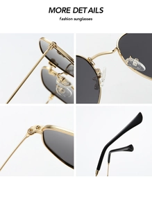 Detailed views of gold metal frame sunglasses featuring hinges, nose pads, and black lenses