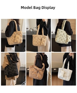 Collage showing six colors of embroidered quilted tote bags worn on the shoulder