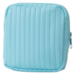 Light blue faux leather storage pouch with vertical quilted texture and zipper closure