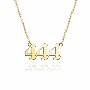 Detail of 14K gold stainless steel 444 angel number pendant with gothic style engraving