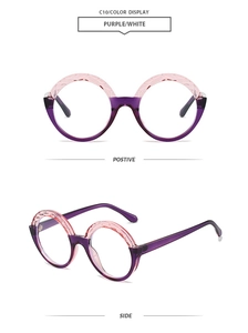 Detail view showing pink embossed patterns and purple transparent frame on round sunglasses