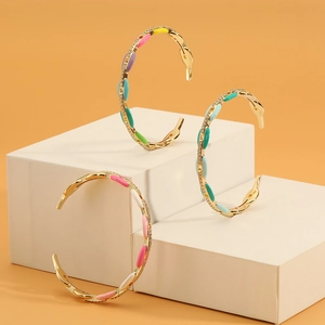 Fashionable gold-plated open bangles with colorful enamel inlay and sparkling rhinestones