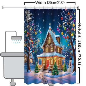 Détail du rideau de douche de Noël avec scène de chalet enneigé taille 180x180cm
