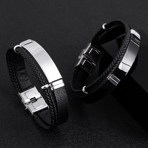 Hip hop punk style braided black leather bracelet with double layer stainless steel plates