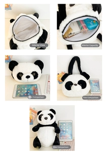 Macro shot of large panda plush bag interior showing large capacity for stationery and gadgets