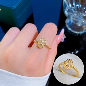 Hamsa Hand Adjustable Open Ring Gold Plated Alloy Zircon Inlaid Sparkling Ethnic Style Jewelry For Women