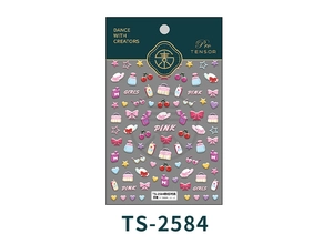 Detail of 3D embossed pink nail stickers with bow, cherry and heart motifs TS-2584