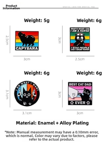 Detailed chart showing enamel cat and capybara pin sizes and weights for clothing decor