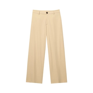 Women's khaki high-waisted wide-leg dress pants with padded shoulder blazer suit set