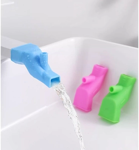 Silicone faucet extender for kids shown in blue, pink, and green colors for splash-proof use