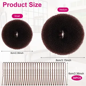 Hair styling tool set size chart showing 30pcs bun makers and 6cm hairpins