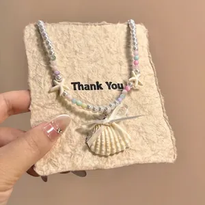 Seaside shell ceramic wax rope necklace with colorful beads and starfish charms
