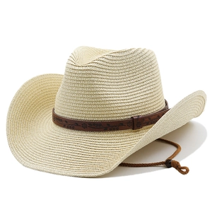 Light beige western straw cowboy hat with embossed leather band and adjustable chin strap