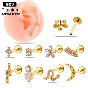 Cartilage Stud Earrings G23 Titanium Alloy Zircon Inlaid Flower Moon Shape Flat Back Piercing Jewelry For Women Girls