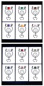 Detailed grid of 12 colorful heart-shaped natural crystal agate stones on greeting cards