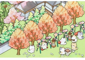 Detailed 3D cat themed stickers featuring cherry blossoms and garden scene illustrations