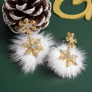 Detail of snowflake earrings with iridescent rhinestones and white fur pom-poms