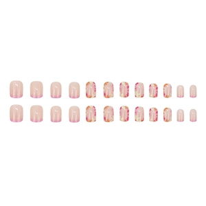 French gradient pink press-on nails with 24-piece floral pattern set on white background