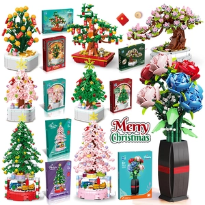 Christmas Tree Orange Potted Plant Building Block Kit DIY Flower Bouquet Toy For Kids Adults Festive Home Decoration Gift
