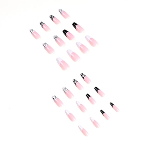 Faux ongles French manucure longs forme cercueil avec kit rose noir et blanc