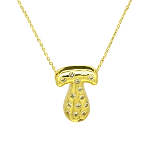 Detailed close-up of golden mushroom pendant necklace inlaid with clear zircon stones