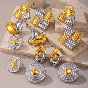 Vintage Geometric Stud Earrings Stainless Steel 18K Gold Plated Two Tone Heart Square Chunky Trendy Fashion Jewelry Women