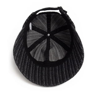 Interior detail of striped cotton baseball cap showing reinforced seams and adjustable strap