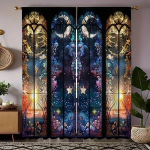 Stained Glass Style Curtains Polyester Blackout Living Room Bedroom Sun Moon Star Gothic Fantasy Mystery Art Decor