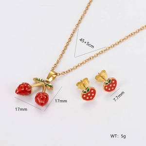 Strawberry 304 Stainless Steel Jewelry Set For Women Gold Plated Enamel Fruit Pendant Necklace Stud Earrings Sweet Gift